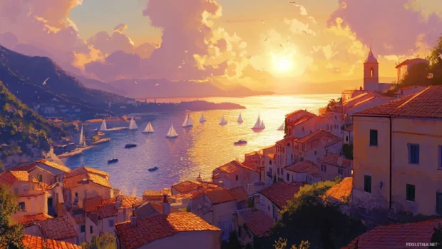 Sun drenched rooftops sparkle above a quiet coastal village as day turns to dusk.