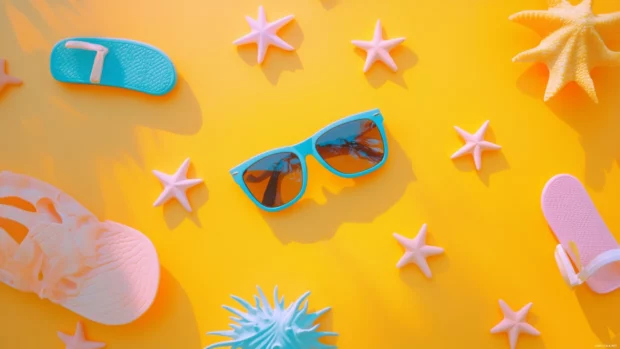 Sun kissed aesthetic with tiny summer symbols like sunglasses and flip flops scattered beautifully.