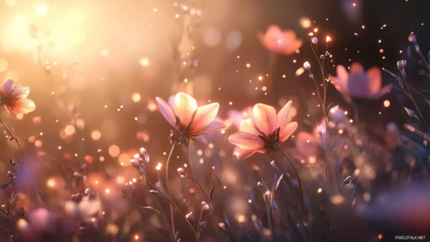 Sun kissed meadow flowers with soft focus and lens flare details.