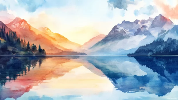 Sun kissed watercolor mountains overlooking a crystal clear lake for perfect desktop wallpaper.