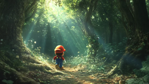 Sunbeams break through dense forest as Mario uncovers a hidden vine to a secret world.
