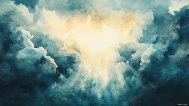 Sunbeams breaking through thick watercolor storm clouds.