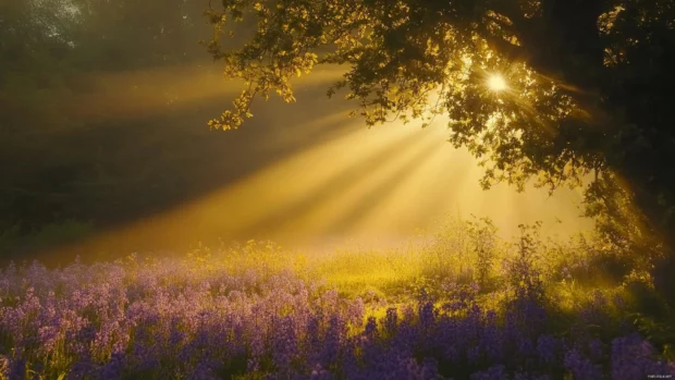 Sunbeams passing through Pretty Flower field in spring.
