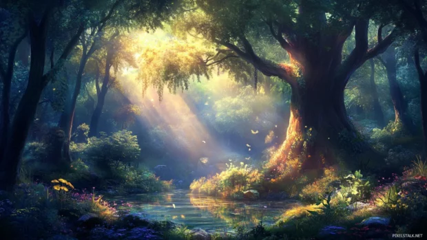Sunbeams through the trees in magical forest setting for Forest PC Wallpapers.