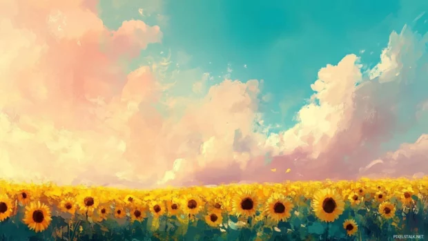Sunflower field under pastel sky, bright PC wallpapers 1920x1080 summer colors.