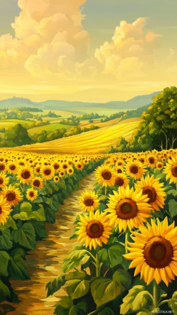 Sunflower fields and golden light flowing through Summer phone Wallpapers, countryside charm.