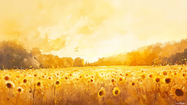 Sunflower fields bathed in golden sunset light captured in watercolor.