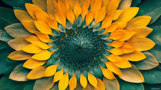 Sunflower petals forming repeating design over retro green.