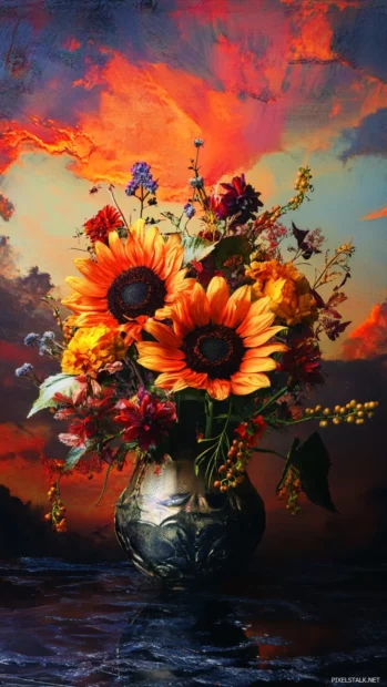 Sunflowers against a dramatic sunset, bold lock screen flower arrangement.
