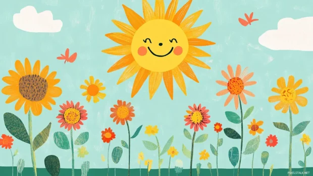 Sunflowers sway around a smiling sun in this bright and joyful colorful nursery wallpaper design.