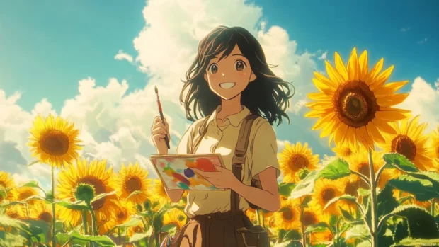 Sunflowers towering around anime girl holding a paintbrush and smile.