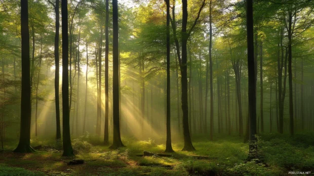 Sunlight breaking through misty forest canopy, beautiful for desktop wallpaper.