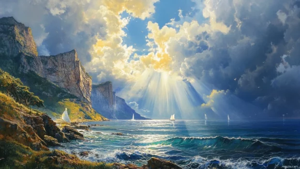Sunlight breaks through clouds above rugged cliffs and open sea.