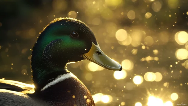 Sunlight catches the green shimmer of a ducks head as it turns.