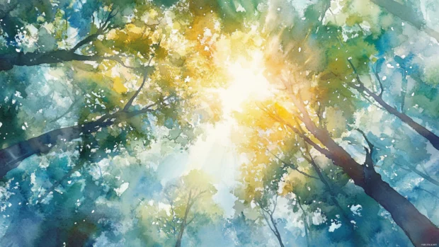 Sunlight filters through forest canopies in a dreamy watercolor painting for Macbook screen.