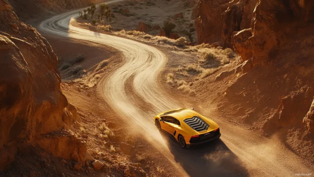 Sunlight reflects off a yellow Lamborghini as it turns through a winding desert road.