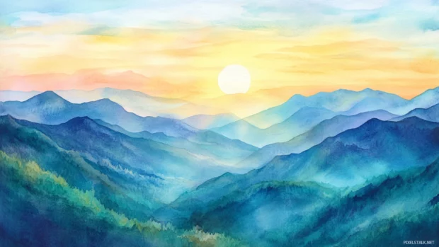 Sunlight spilling over watercolor mountain ridges.