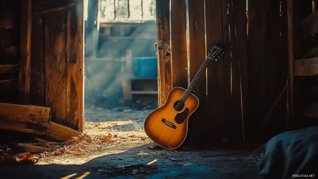 Sunlight streaming through open barn doors onto guitar case.