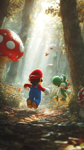 Sunlight streams through tall mushroom trees as Super Mario runs with Yoshi by his side.