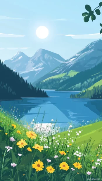 Sunlit Summer phone Wallpapers blending mountain lakes, hiking trails and wildflowers, adventure spirit.