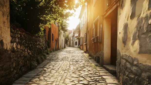 Sunlit alleyway in an old European village.