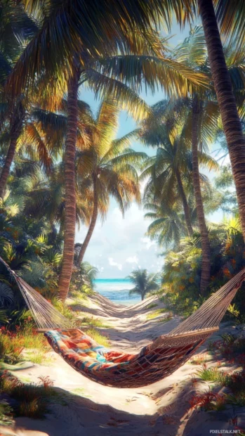 Sunlit hammock between palm trees swaying gently with peaceful summer vibes wallpapers tone.