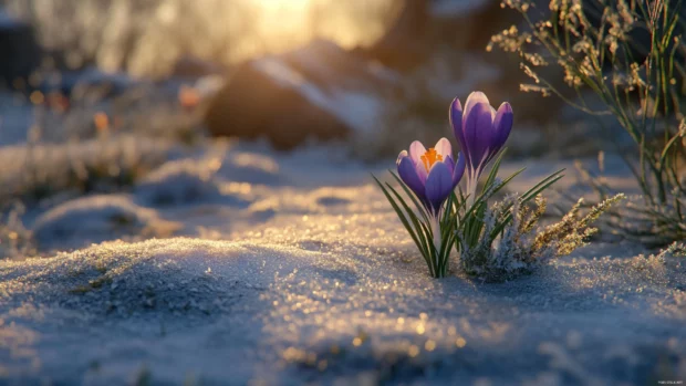 Sunlit patch of purple crocus emerging from frost.