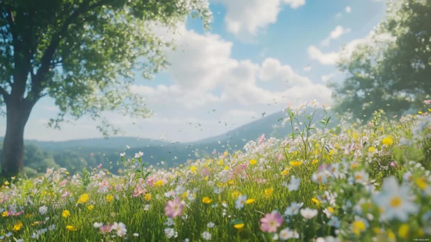 Sunlit summer meadow filled with wildflowers, nature focused summer desktop 4K wallpaper, peaceful and calm.