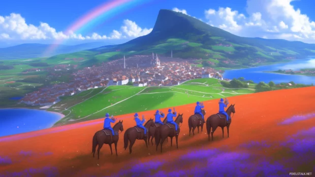 Sunny meadow scene, dancing flowers, ladybug singing, bee bouncing, rainbow in background.