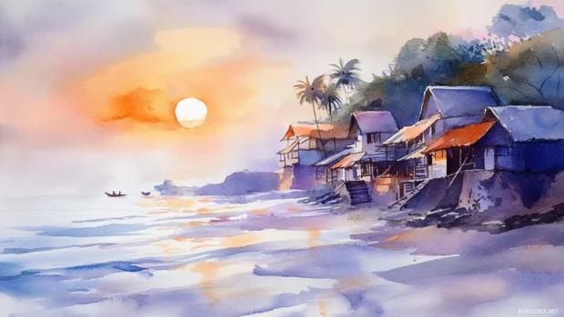 Sunrise illuminating a peaceful watercolor coastal village.