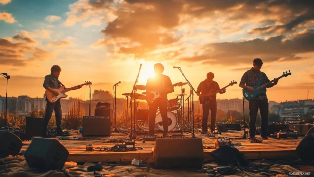 Sunset country music scene wallpaper, Country band performing on open air wooden stage.