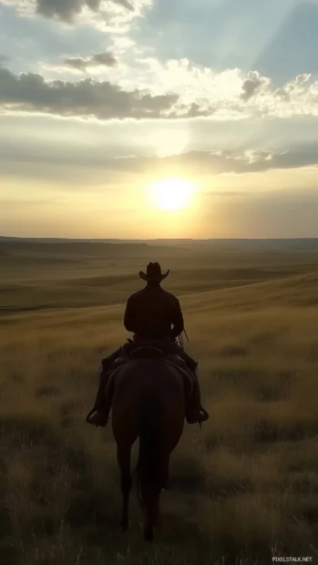 Sunset cowboy scene, horseback silhouette, open plains, lasso in hand.