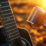 Sunset glow reflecting off steel string guitar, Vintage microphone country wallpaper.