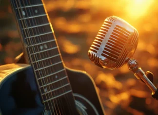 Sunset glow reflecting off steel string guitar, Vintage microphone country wallpaper.