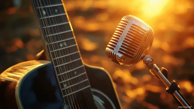 Sunset glow reflecting off steel string guitar, Vintage microphone country wallpaper.