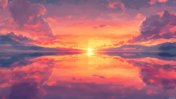 Sunset over a calm lake, the sky ablaze with orange and pink hues, mirrored perfectly in the water.