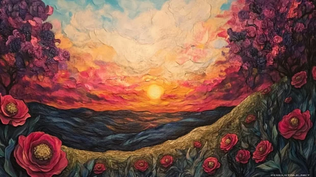 Sunset over a poppy meadow.