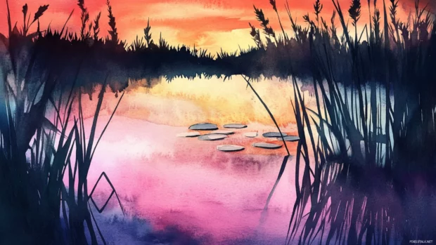 Sunset reflecting on still ponds surrounded by watercolor marsh grasses.