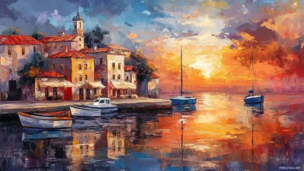 Sunset reflections painting a pretty quiet harbor.