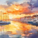 Sunset reflections stretching across a quiet watercolor harbor.