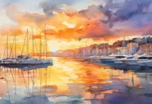 Sunset reflections stretching across a quiet watercolor harbor.