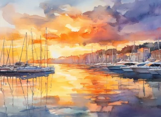 Sunset reflections stretching across a quiet watercolor harbor.