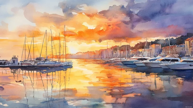 Sunset reflections stretching across a quiet watercolor harbor.
