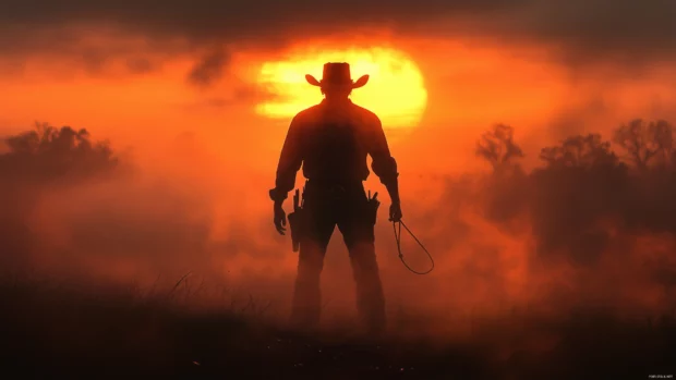 Sunset silhouettes lone cowboy with lasso on dusty western trail.