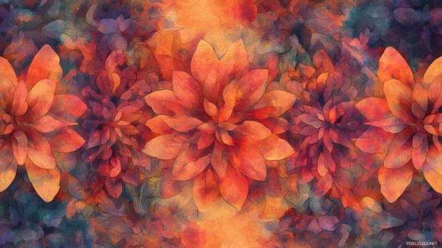 Sunset toned watercolor floral spread from center to corners, seamless style.