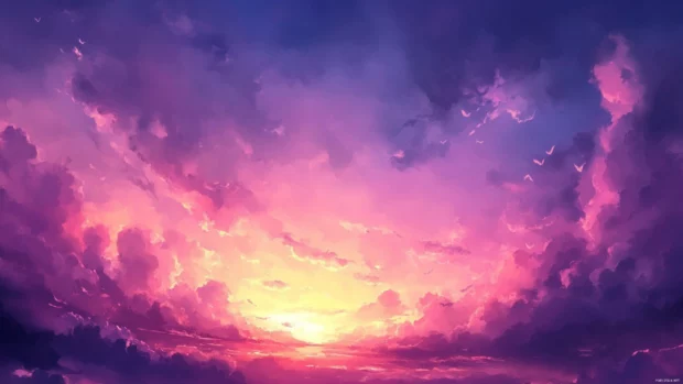Sunset watercolor clouds wallpaper painting glowing light across the horizon.