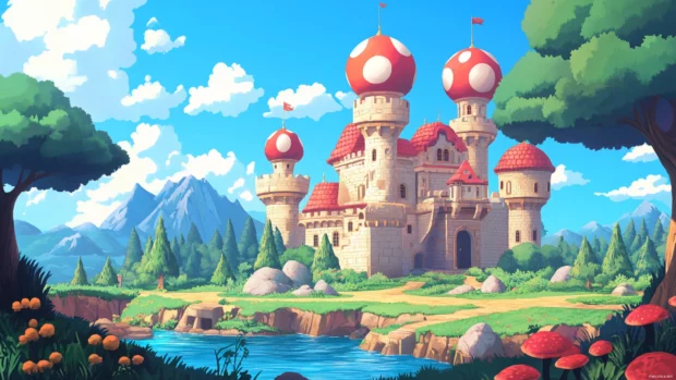 Super Mario 4K Wallpaper featuring a panoramic view of Peachs Ca.