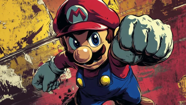 Super Mario 4K Wallpaper in comic book style with exaggerated shadows and bold colors.