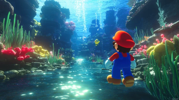 Super Mario 4K Wallpaper of Mario underwater with Cheep Cheeps and coral reefs glowing in high definition.