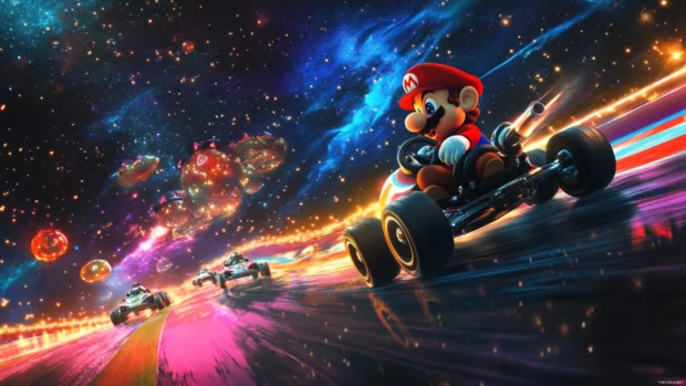 Super Mario 4K Wallpaper of Rainbow Road with karts racing under starry skies.